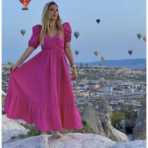 Zara Fuchsia Pink Puff Sleeve Tiered Midi Dress Small Bloggers Fave Cottagecore